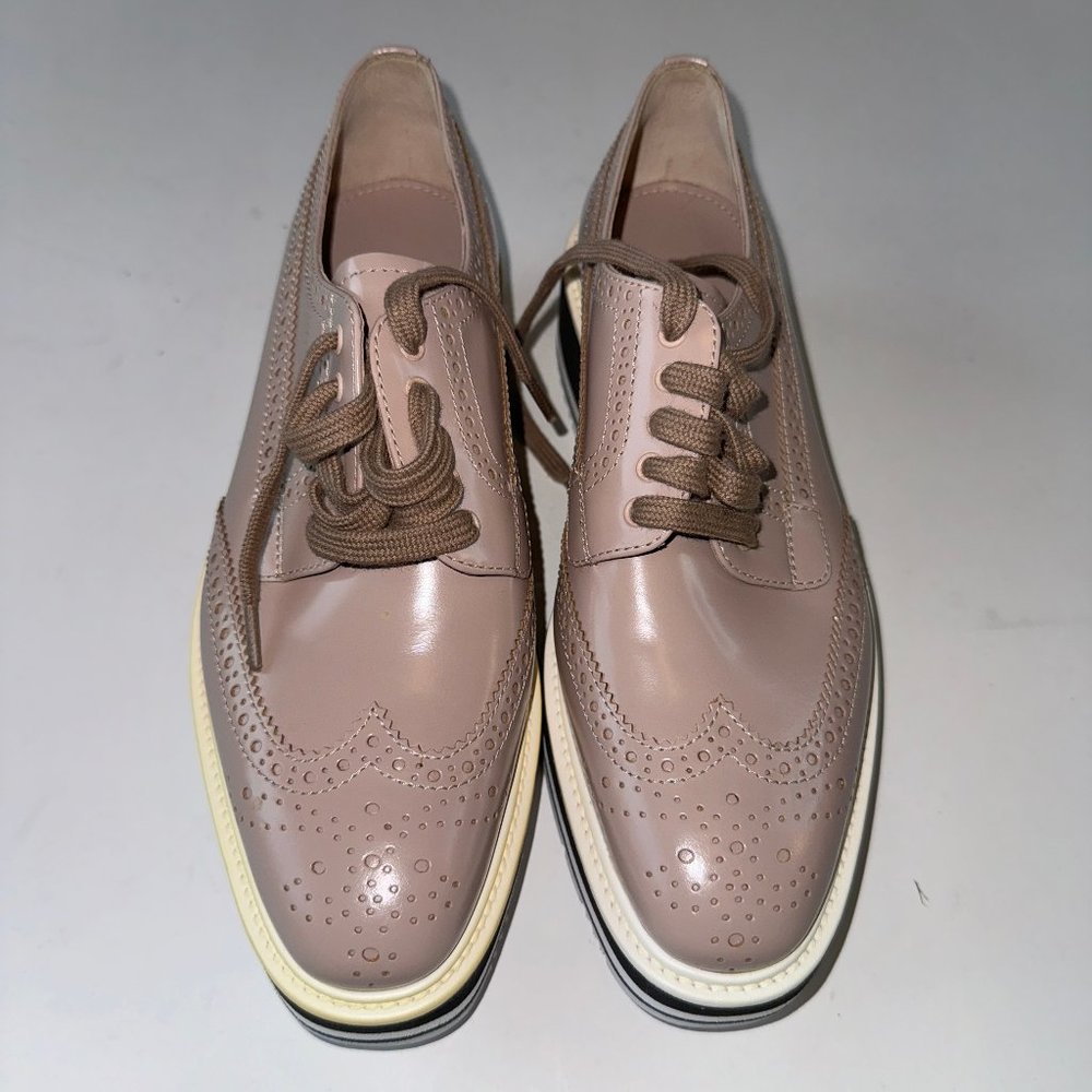 PRADA Brushed Perforated Leather Platform Jute Espadrille Brogue Loafers EU 38.5 - Picture 2 of 11